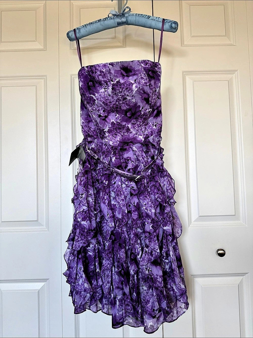 White House Black Market Purple Floral Strapless Ruffle Dress with Belt Size 10